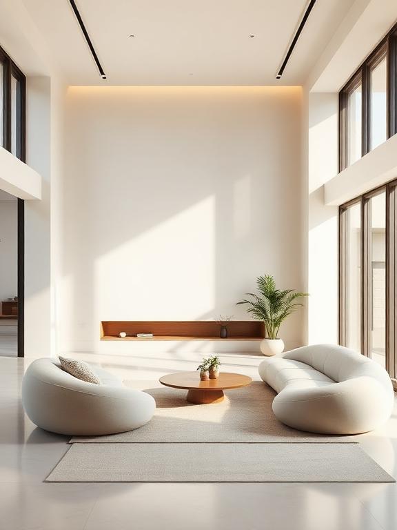 Minimalist Japandi living room, low-profile curved sofa, clean lines, neutral colors, open airy space, luxury modern interior photography.