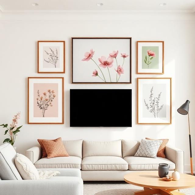 Gallery wall with printable spring art, soft colors, modern frames, bright living room