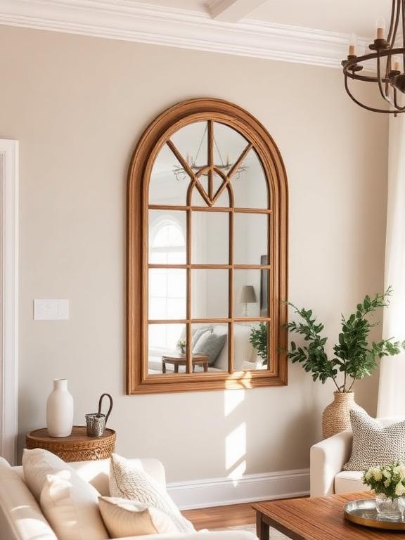 22 Mirror Wall Decor Ideas for Living Room Arched window-style mirror on neutral wall, cozy farmhouse-inspired living room with soft daylight.