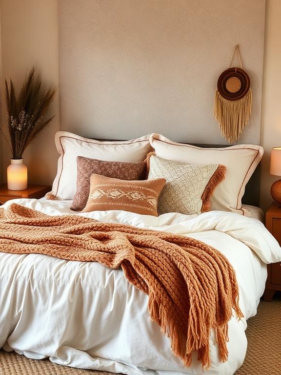 Boho bedroom with layered bedding, textured pillows, soft throws, warm earthy tones, cozy aesthetic