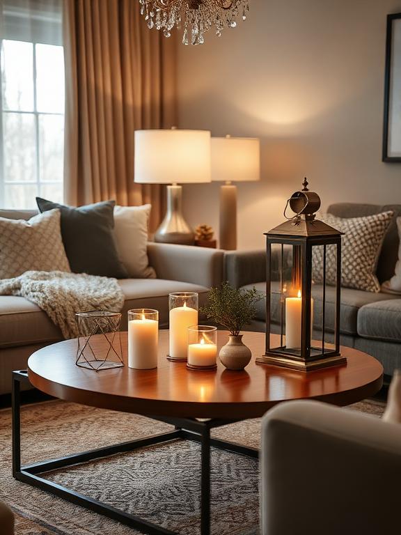 Coffee table with candles and lanterns