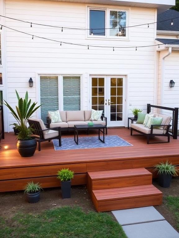 Modern raised wooden deck in front yard with modular outdoor furniture, potted plants, accent rugs, string lights, clean modern house exterior