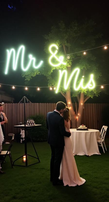 Backyard wedding with neon sign, “Mr & Mrs,” glowing lights, evening intimate celebration, stylish décor.