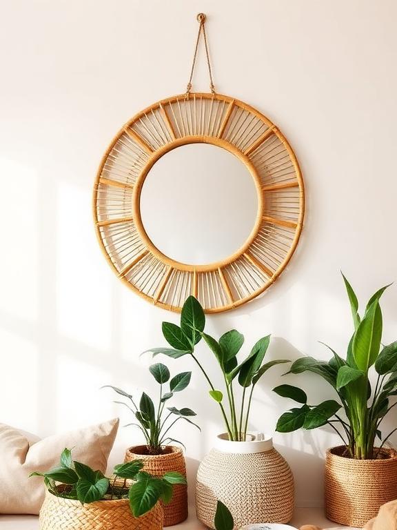 22 Mirror Wall Decor Ideas for Living Room Rattan framed mirror on neutral wall in boho living room, with indoor plants and natural textures.