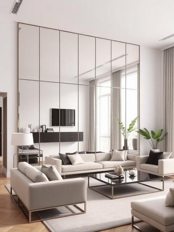22 Mirror Wall Decor Ideas for Living Room Floor-to-ceiling mirror accent wall in modern living room, bright and airy space.