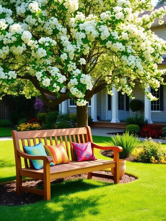 Classic wooden bench under a large flowering tree in a lush green front yard,