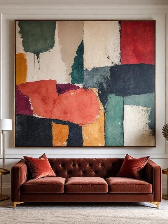  Large abstract art with geometric shapes, jewel tones, velvet sofa below, brass accents, modern art deco interior.