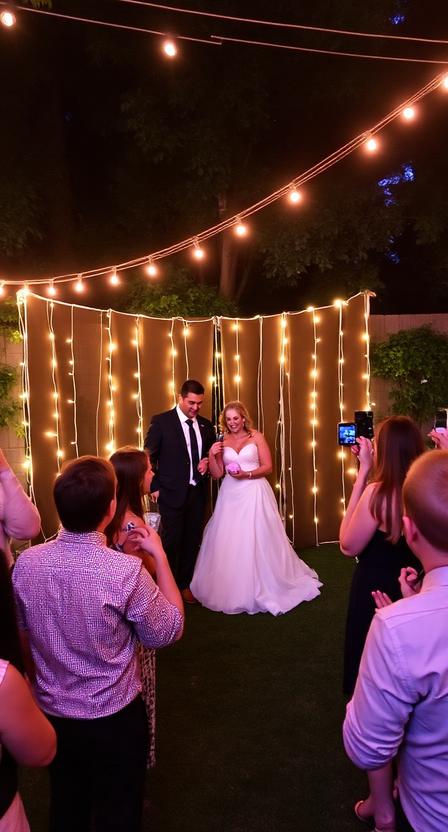  Backyard DIY wedding photo booth, fairy lights backdrop, fun props, guests taking pictures, intimate celebration vibe.