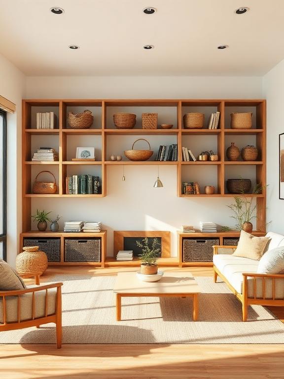 Japandi living room with stylish storage decor, wooden shelving, woven baskets, minimal furniture, neutral palette, warm daylight.