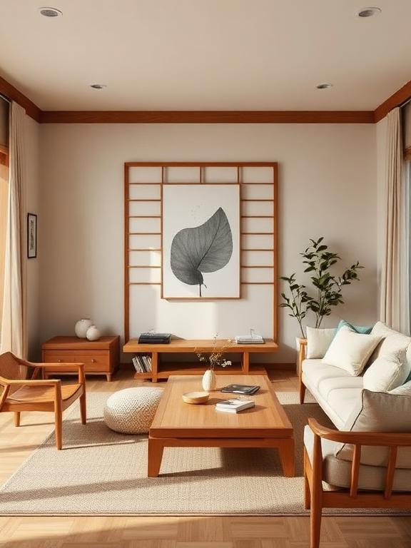  Japandi living room with neutral tones, wooden furniture, minimal decor
