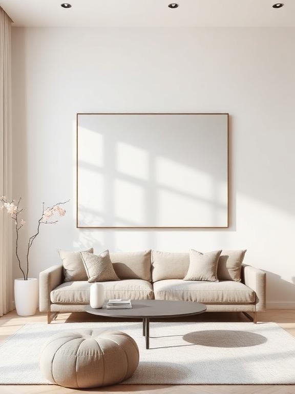 22 Mirror Wall Decor Ideas for Living Room Frameless wall mirror in minimalist living room, clean lines with neutral palette and soft natural light.