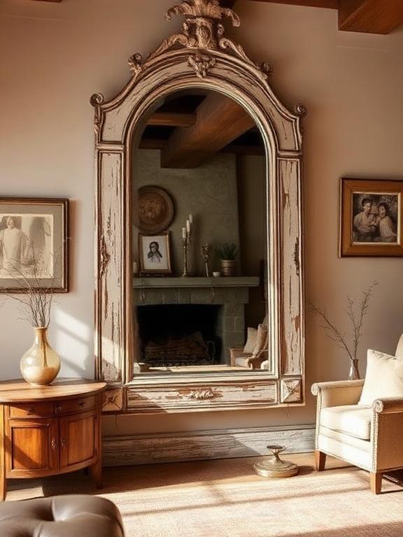 22 Mirror Wall Decor Ideas for Living Room Vintage distressed mirror with aged frame on rustic living room wall, paired with wooden furniture.