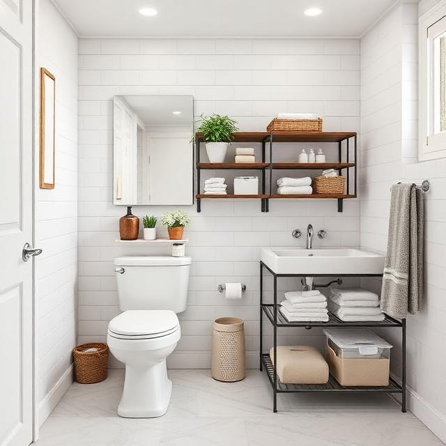 Bathroom shelf with clear acrylic containers holding toiletries and accessories, organized and modern look.