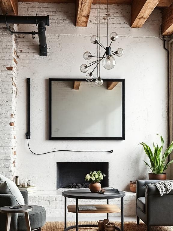 22 Mirror Wall Decor Ideas for Living Room Black metal framed rectangular mirror in industrial loft-style living room with exposed textures.