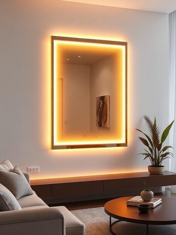 22 Mirror Wall Decor Ideas for Living Room Wall mirror with soft warm backlighting, creating a cozy and inviting atmosphere in modern living room.