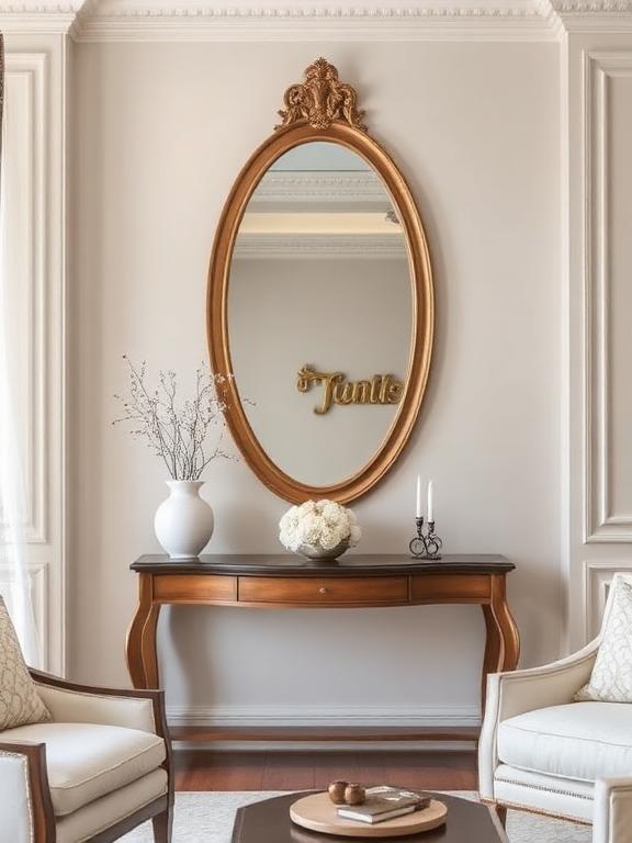 22 Mirror Wall Decor Ideas for Living Room Oval wall mirror above console table in elegant living room, soft lighting with neutral decor.