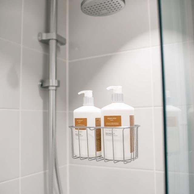 Modern bathroom shower with rust-proof caddy holding shampoo, conditioner, and body wash, tidy and organized.
