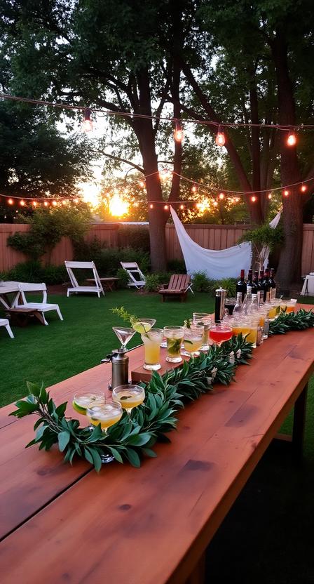 Backyard wedding bar setup with rustic wooden counter, signature cocktails, greenery décor, warm sunset light.