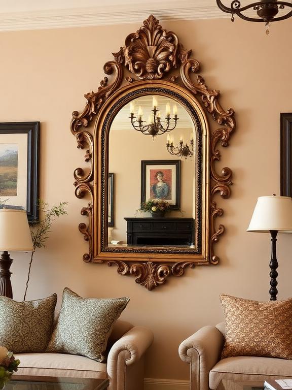 22 Mirror Wall Decor Ideas for Living Room Decorative carved frame mirror on living room wall, showcasing detailed craftsmanship and warm tones.
