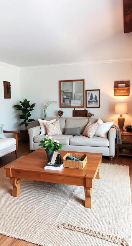 “Warm farmhouse living room with wooden coffee table, neutral sofa, rustic decor, soft blankets, vintage accents, cozy warm lighting, inviting home atmosphere, Pinterest interior photography”