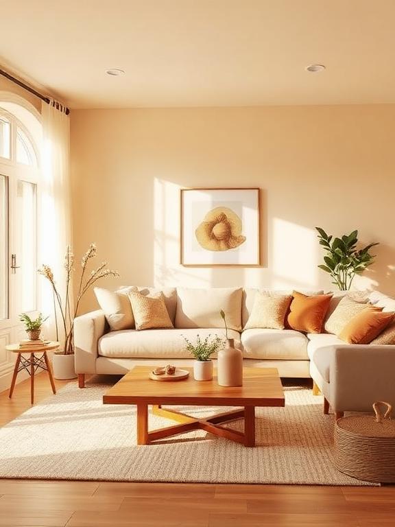 A cozy living room with warm beige walls, neutral sofa, wooden coffee table, soft sunlight, minimal decor, modern and inviting atmosphere