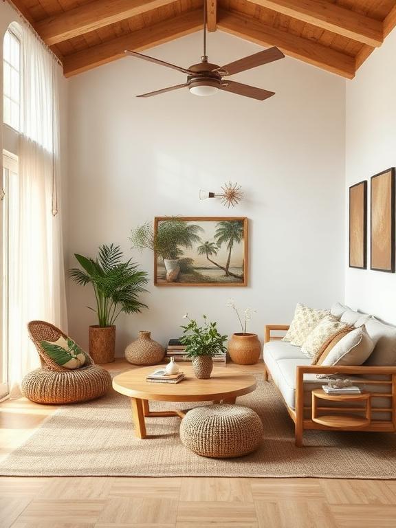 Eco‑friendly living room with bamboo furniture, natural textures, neutral colors, calm atmosphere