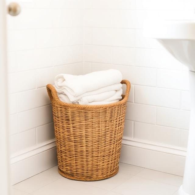 Woven laundry basket in bathroom corner holding towels, clean and minimalist setup with natural lighting.