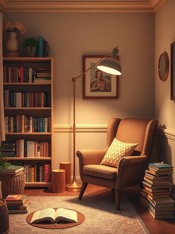 Cozy reading corner with armchair, floor lamp, books, warm tones