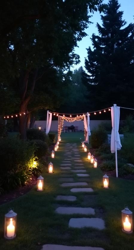 Backyard wedding garden pathway with lanterns, soft glowing lights, intimate evening outdoor celebration.