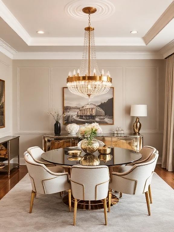  Mixed metallic decor styling, brass chandelier, chrome accents, neutral walls, elegant art deco dining room