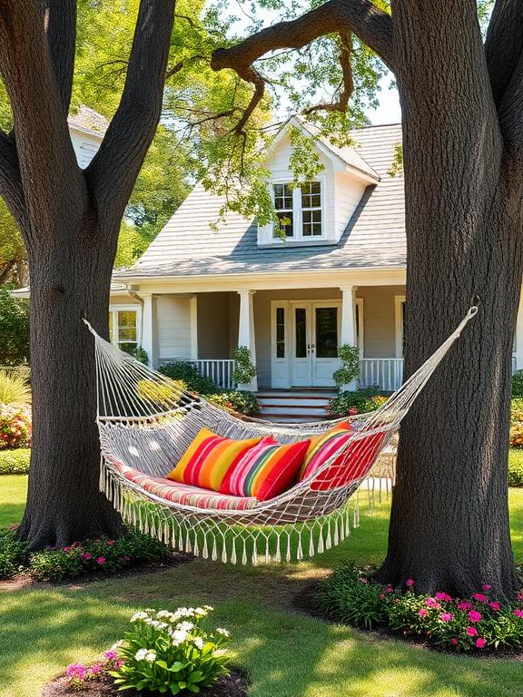 "Hammock hung between two large trees in front yard, colorful cushions on hammock, flowering plants surrounding, sunny cottage-style house in background