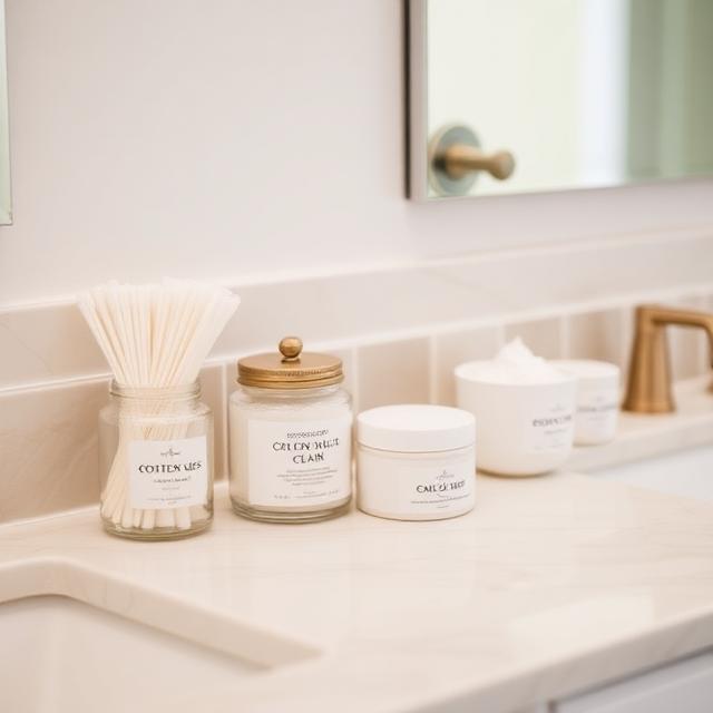 Bathroom countertop with neatly labeled jars for cotton swabs, bath salts, and creams, clean minimalist décor.