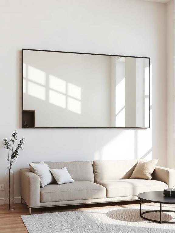 22 Mirror Wall Decor Ideas for Living Room Large rectangular oversized mirror above a neutral sofa reflecting natural light in a modern living room.