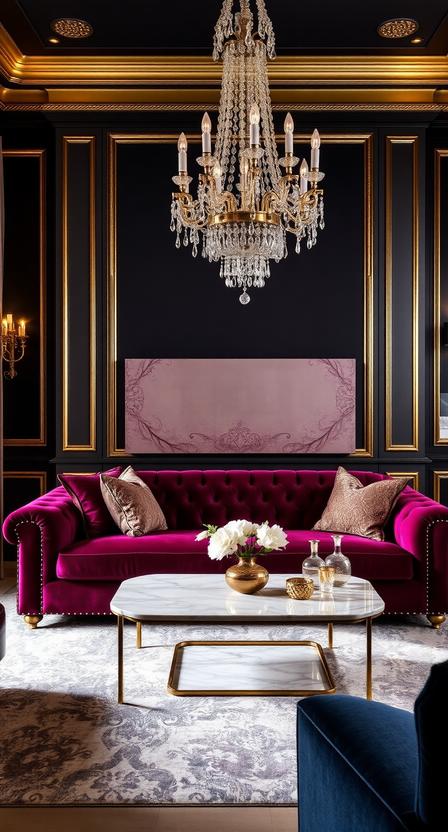 Luxury glam living room with velvet sofa, gold accents, crystal chandelier, marble coffee table, elegant decor, deep jewel tones, dramatic lighting, high-end Pinterest home interior photography”
