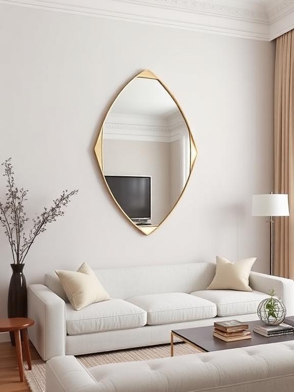 22 Mirror Wall Decor Ideas for Living Room Asymmetrical modern mirror on feature wall, contemporary living room, neutral palette, artistic interior photography