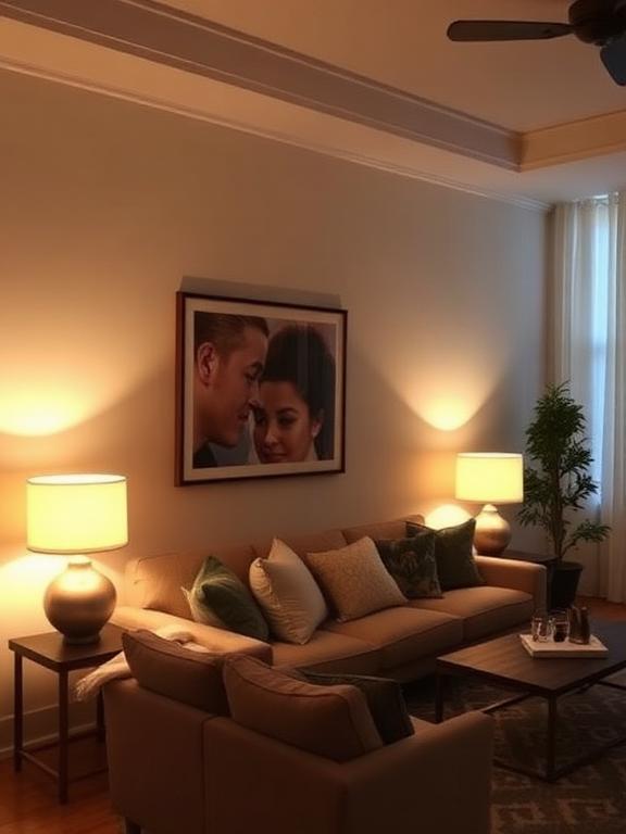  Living room with soft ambient lighting, table lamps, cozy decor, warm glow