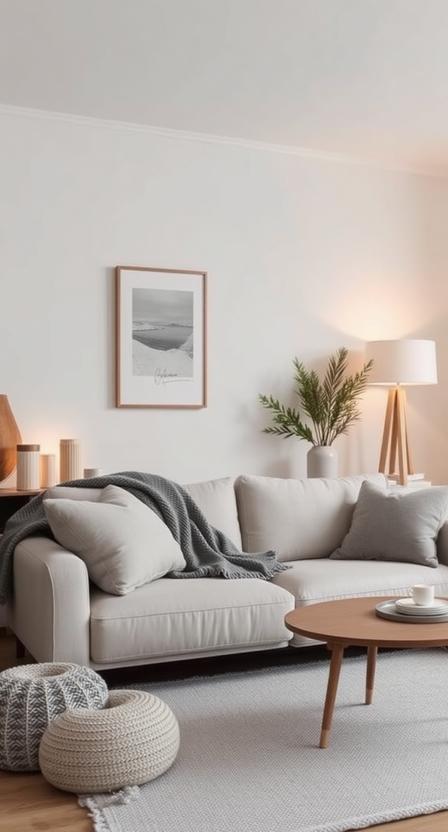 Scandinavian style living room with white walls, light wood flooring, neutral sofa, cozy knit throw, minimal decor, soft natural lighting, functional furniture, Pinterest aesthetic interior photography