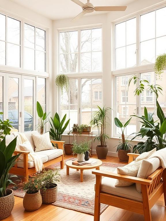 Bright living room filled with indoor plants, large windows, natural wood furniture, earthy tones, fresh and airy interior