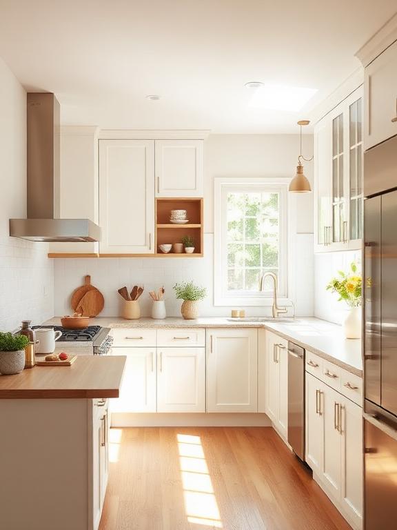  Neutral kitchen with white cabinets, wooden accents, bright natural light
