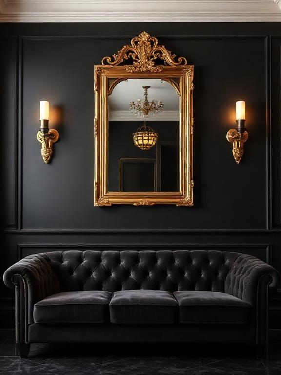  Matte black wall, gold framed mirror, velvet sofa, dramatic lighting, luxury art deco interior.
