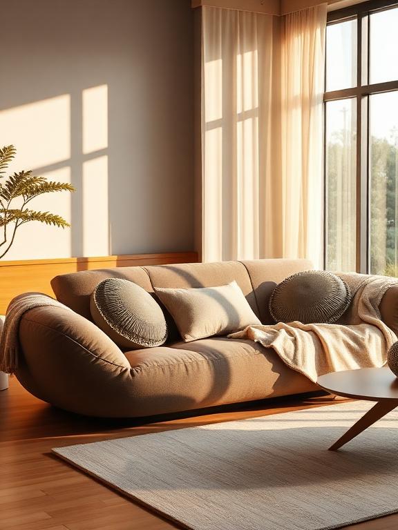 Modern sofa styled with textured cushions and soft throws, neutral tones, Japandi interior, warm sunlight, cozy luxury home decor.