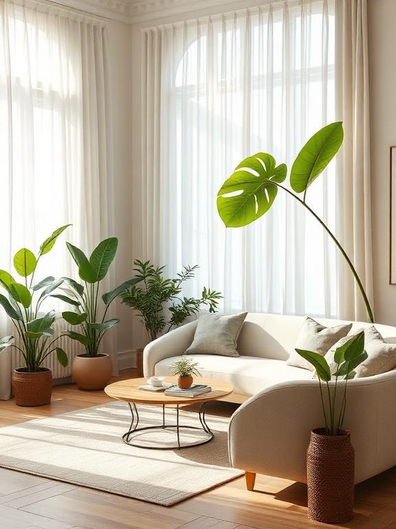 Scandinavian Japandi living room filled with indoor plants, large fiddle leaf fig, neutral furniture, curved sofa, sunlight, luxury home decor