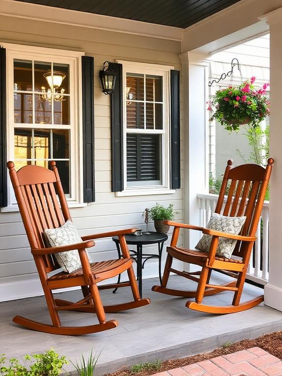 Front porch with two wooden rocking chairs, cushions, small side table, hanging plants, cozy front yard, traditional house exterior