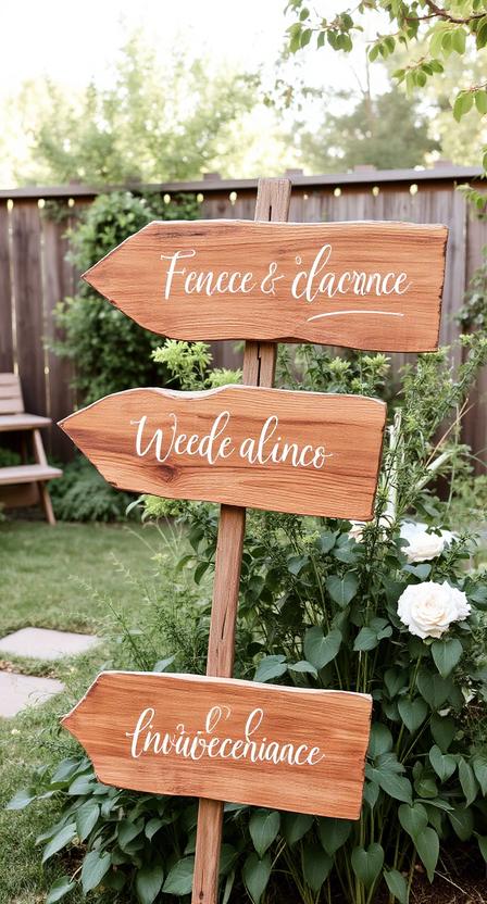 Wooden rustic wedding signs with calligraphy, backyard garden setting, greenery, soft daylight, Pinterest aesthetic