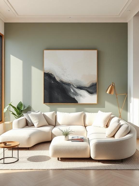 Modern Japandi living room with large abstract wall art above curved sofa, sage green accent wall, indoor plants, luxury interior styling