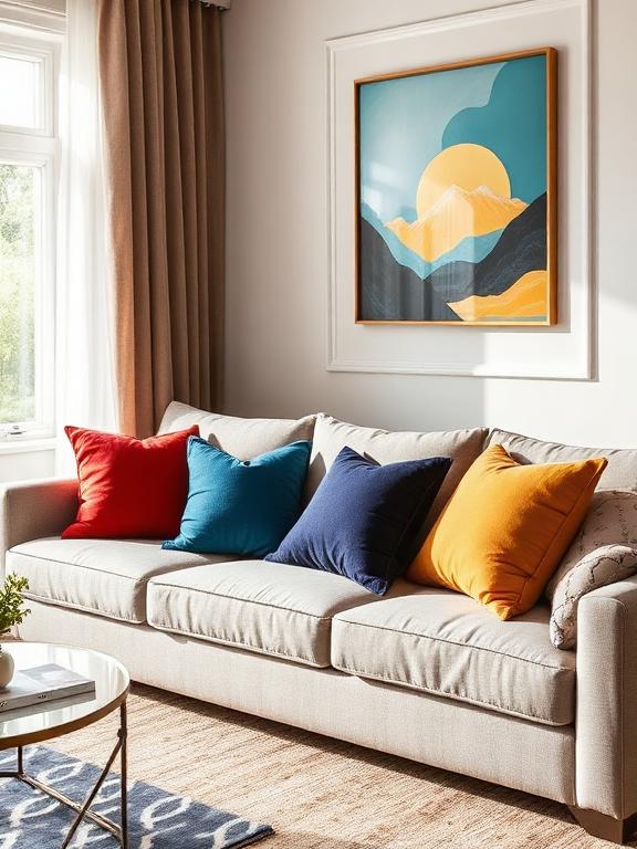  Modern living room sofa with colorful soft throw pillows