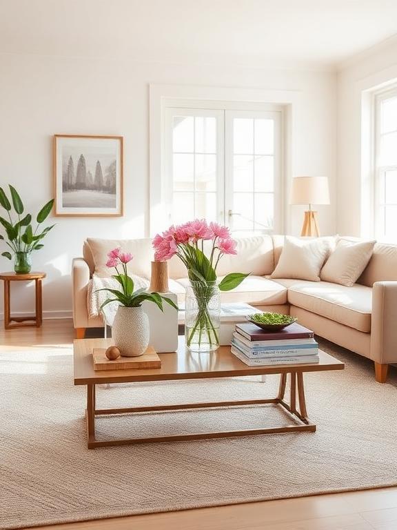 Coffee table styled with spring decor, books, flowers, neutral tones