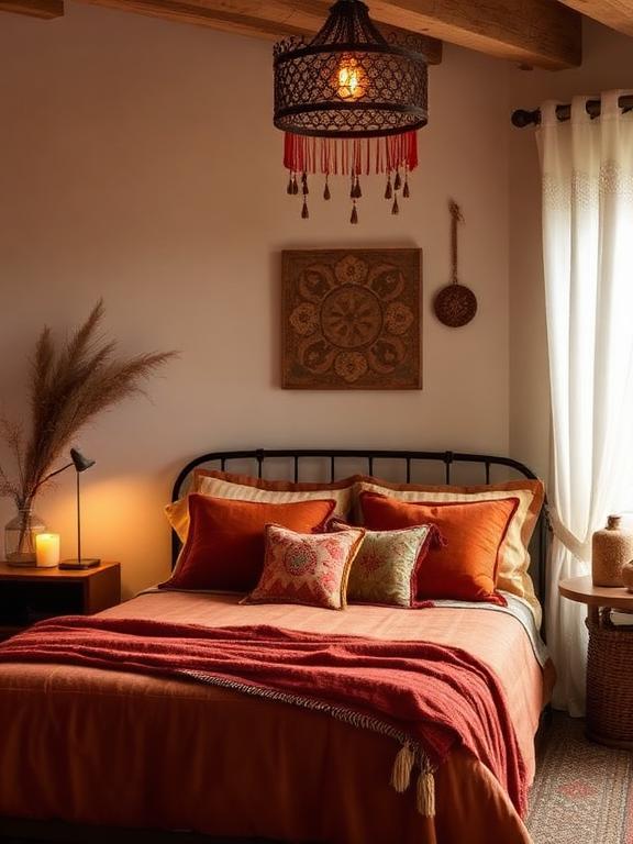 Boho bedroom with earthy accent colors, terracotta pillows, warm lighting, stylish decor