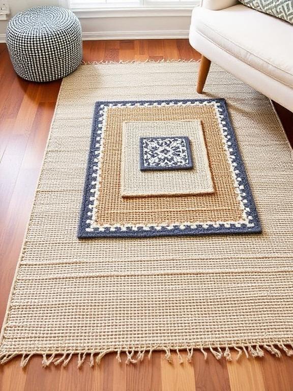 Use non-slip pads to keep rugs in place. Layered rugs can also make small spaces appear larger.