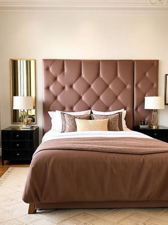 Tall velvet geometric headboard, matching bedside tables, gold lamps, art deco bedroom styling.